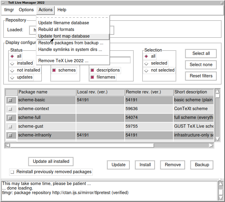 Legacy tlmgr GUI mode: main window, after ‘Load’
