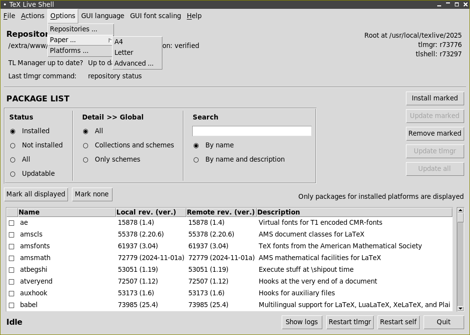 tlshell GUI, showing the Actions menu (GNU/Linux)